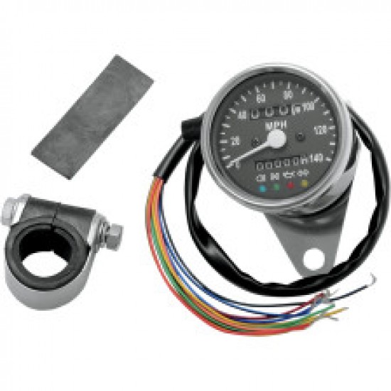 DRAG SPECIALTIES MPH MINI MECHANICAL SPEEDOMETER WITH LED INDICATORS - BLACK FACE - 2:1 RATIO - 2.4 # 2210-0208