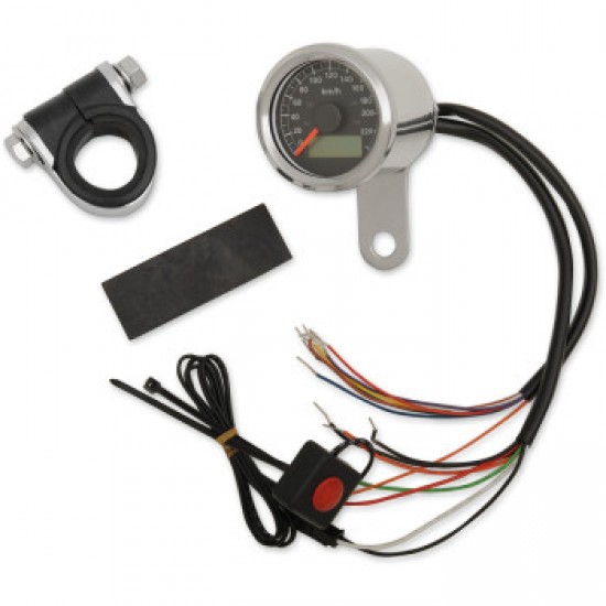 DRAG SPECIALTIES 1-7/8 PROGRAMMABLE SPEEDOMETER WITH INDICATOR LIGHTS - STAINLESS STEEL - 220 KPH LED BLACK FACE # 2210-0418 DRAG SPECIALTIES 1-7/8 PROGRAMMABLE SPEEDOMETER WITH INDICATOR LIGHTS - STAINLESS STEEL - 220 KPH LED BLACK FACE # 2210-0418